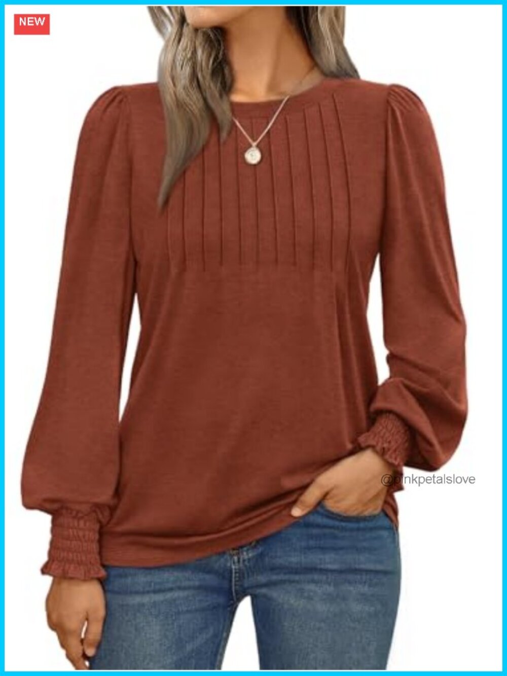 Long Sleeve Pleated Front Smocked Cuff Business Casual Blouse